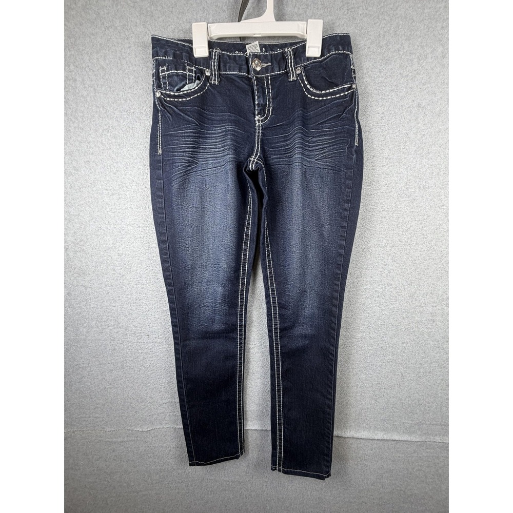 Maurices Jeans Womens M Blue Mid Rise Skinny Stretch Embroidered Pockets Denim